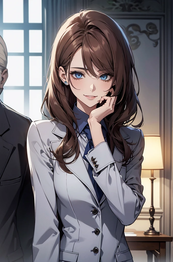 (Highest quality,High resolution,Very detailed),1 girl, Beautiful and elegant light blue eyes, Brown Hair, Cold Smile,Bob Hair, Wearing a suit, Mature Woman, Age 25,Cruel smile, Calm and Calm, Slim figure, pumps,Pale complexion, thin, Calm, secretary