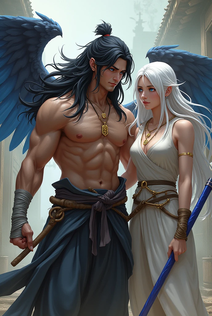 Make a male delegate with long black samurai-style hair, with villager clothes and wearing bandages on his fists, and have a gold z-shaped necklace, and winged this other man with long white hair with blue eyes, with villager clothes and a necklace with a gold z symbol, with a blue stick, realistic image style