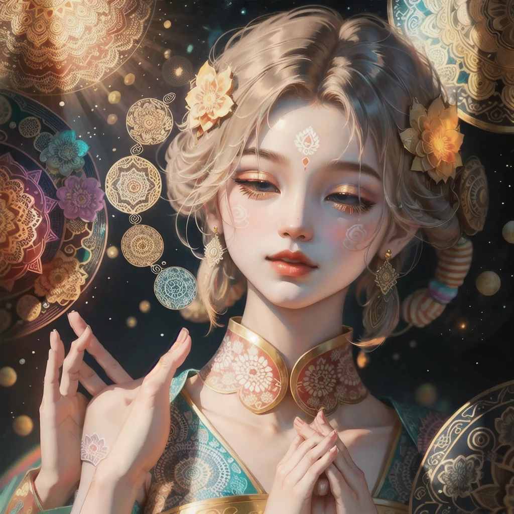 Geometric pattern、Buddha, saturated color, Psychedelic Images, Mandala, fractal, Fantasy, Joining hands in prayer、Zazen