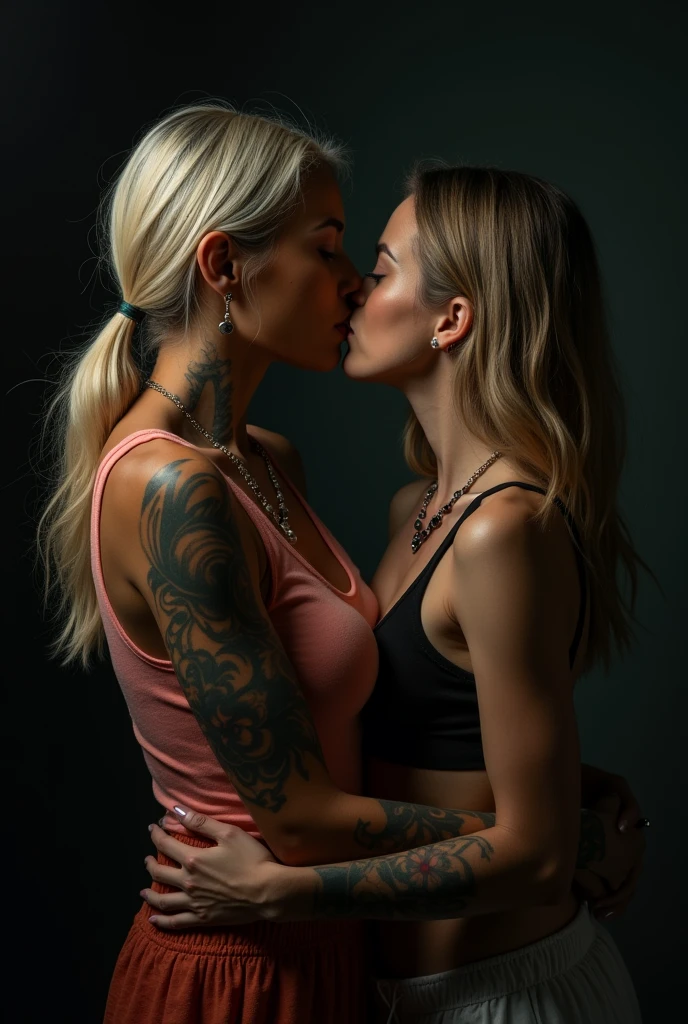 Old tattooed black woman in a black jacket kissing her young blonde girlfriend on the mouth.