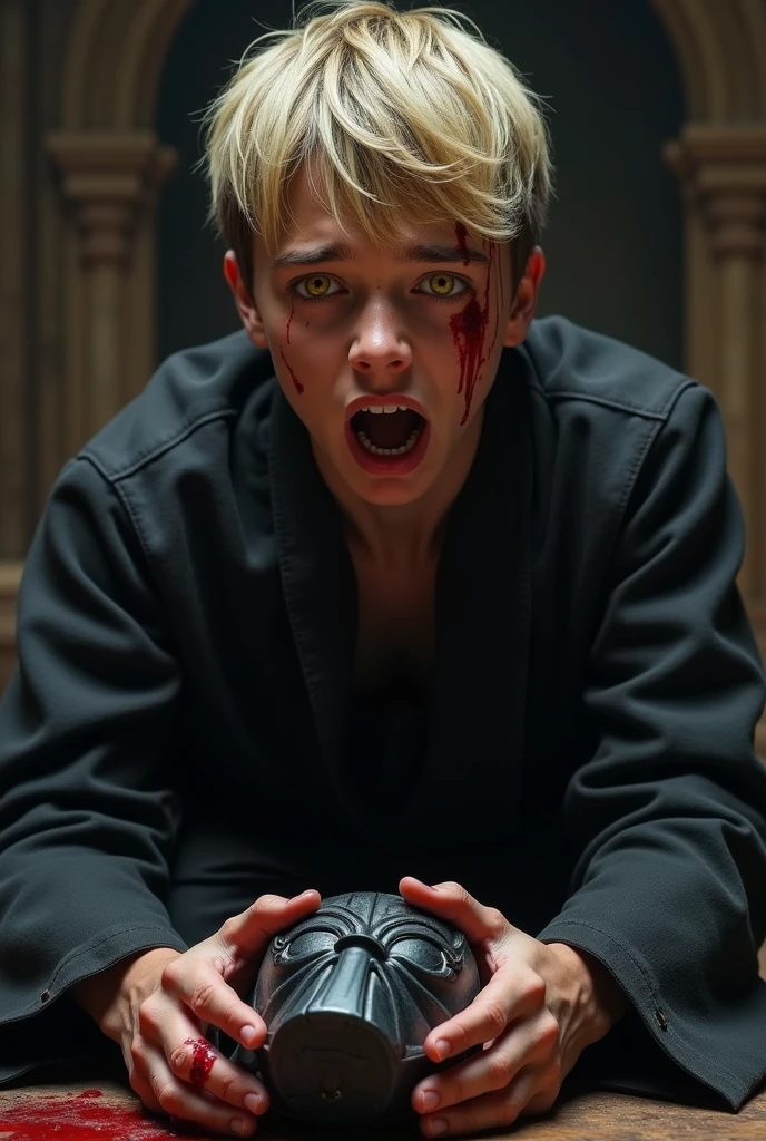 Character based on the world of Star Wars, a 15 years ager male sith apprentice, dark blonder short haired, yellow eyes, dark simple cloats, inside a dark sith temple, high realism, perfect anatomy, perfect eyes, blood crying, broken sith mask, fontal, screaming