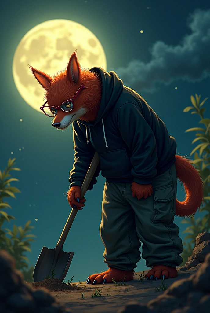 (furry) man with red hair, black sweatshirt, and with oversized pants, holds a shovel in his hands, he&#39;s really bent, digging the ground, He also has red glasses on his face , it&#39;s night outside, the moon is shining on him , it's smiling 