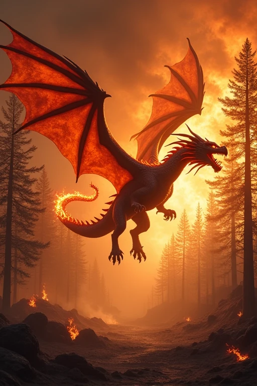 Create a realistic fire dragon in a burning forest
