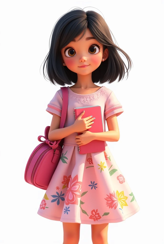 Create a Disney Pixar-style digital image of a student girl, with black hair, dark brown eyes, She's wearing a pink dress with flowers, She's carrying a pink floral bag, She's holding a notebook in her right hand, She's holding a pencil in her left hand, White shoes, on white background.
