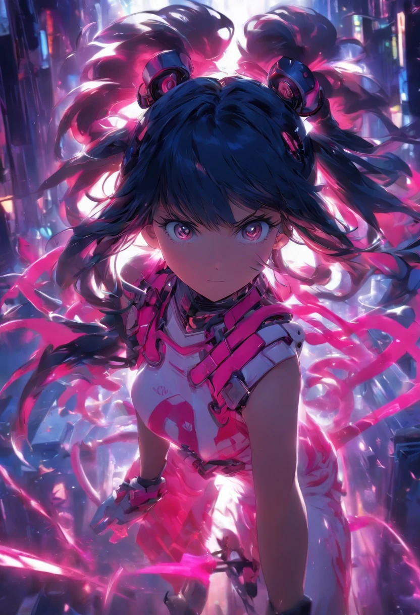 Pink and white dress、Long twin tails with black hair、 pink circular saw blade、 night、woman、Small breasts、Highest quality、