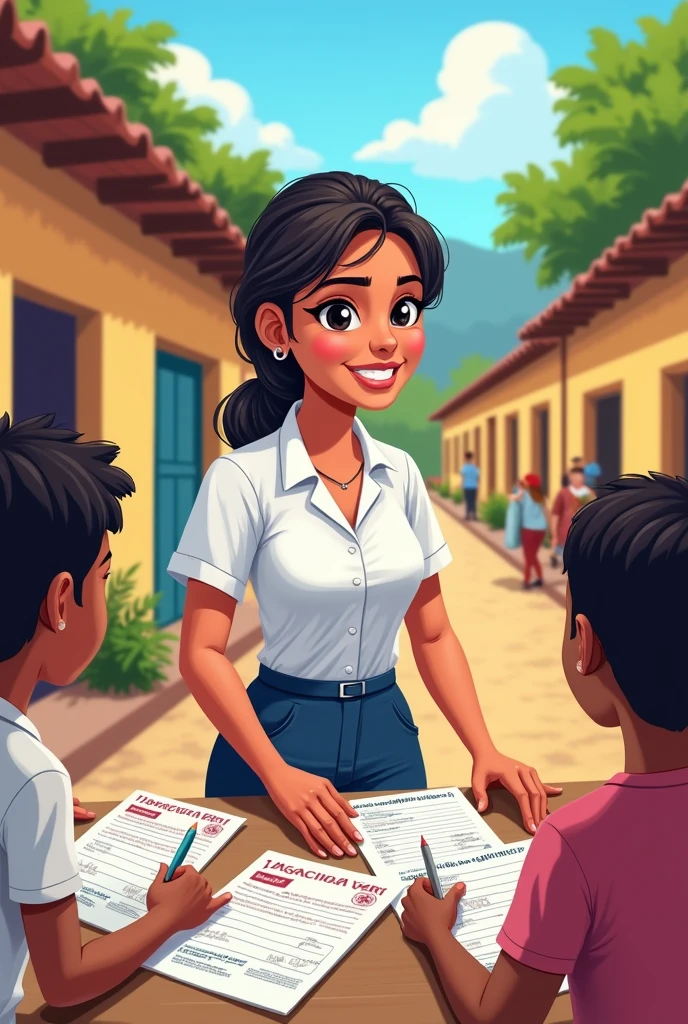 Community nurse in rural Guatemala wearing a white blouse and navy blue pants filling out vaccination forms, cartoon 
