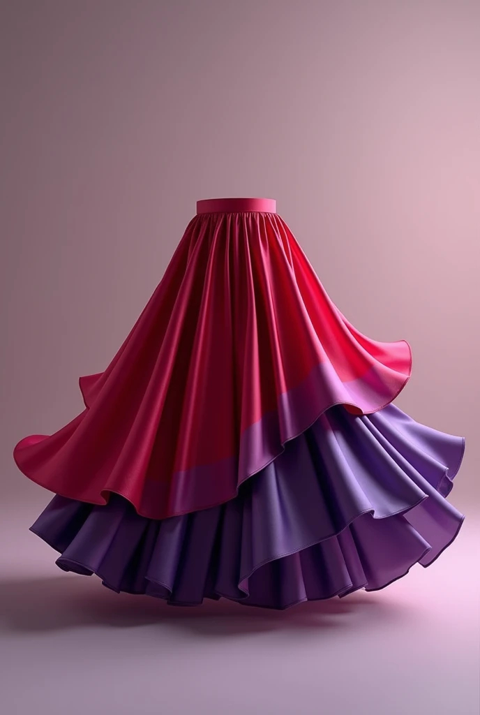 Create an image of a smooth, unprinted, red and purple satin circle skirt with layers.