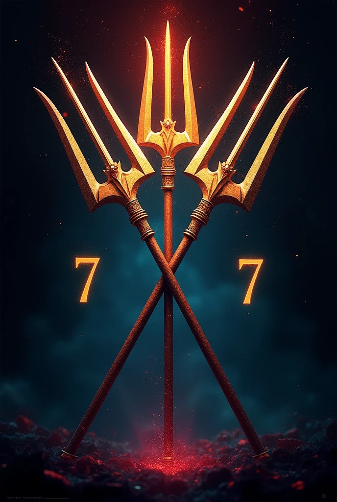 Black background
Two crossed tridents in the middle of the image
No black color
On the right side a number seven
On the left side office Tiriri