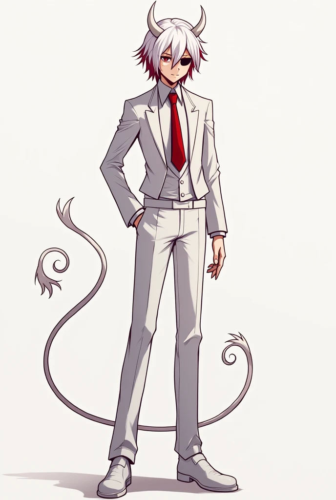 Make it in anime style A tall man with small white demon horns and white demon tail, white waiter social clothes, light red and white hair with white highlights, He has eyes of different colors, one eye is red and his other eye is completely black