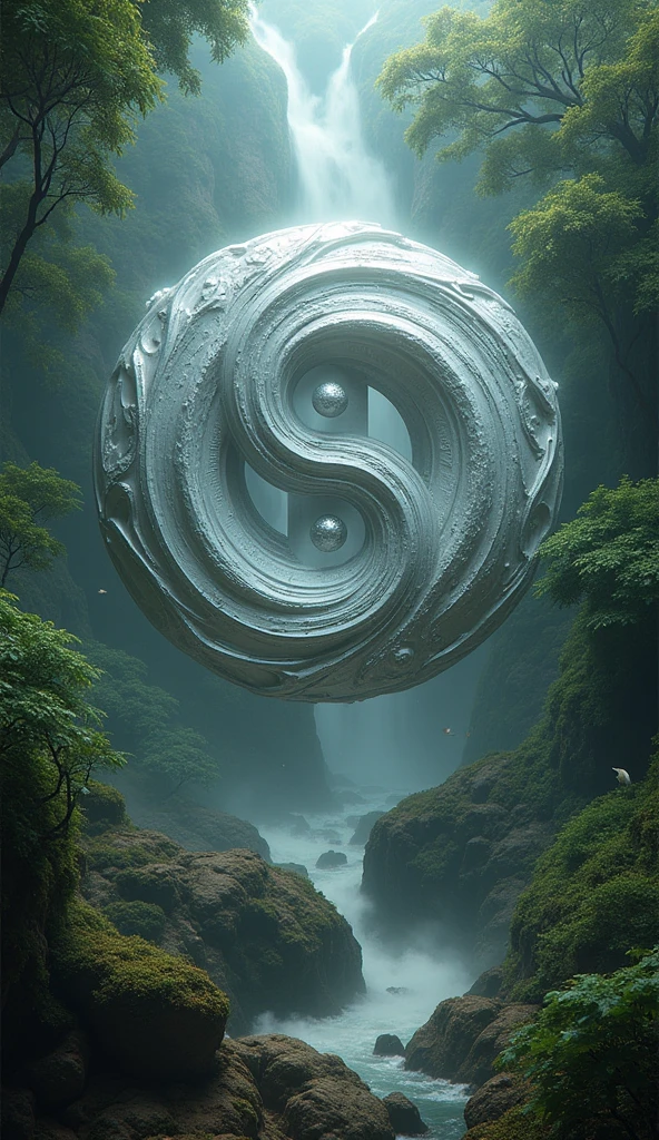 There is a title word "TAIJITU", classical, green, wild, rustic, forest, jungle, plants, animals, strong, realistic, 8k ultra HD, technology, nano tech, silver, white, crystal clear, 3D, mythology, Sci-Fi, cool, Storm, Winter, globe, yin yang, small birds, logo word "TAIJITU"