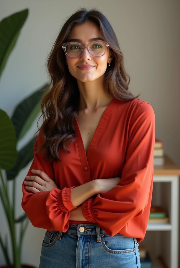 a teacher with long wavy hair, with transparent lenses, a little small, with a red blouse and blue jeans