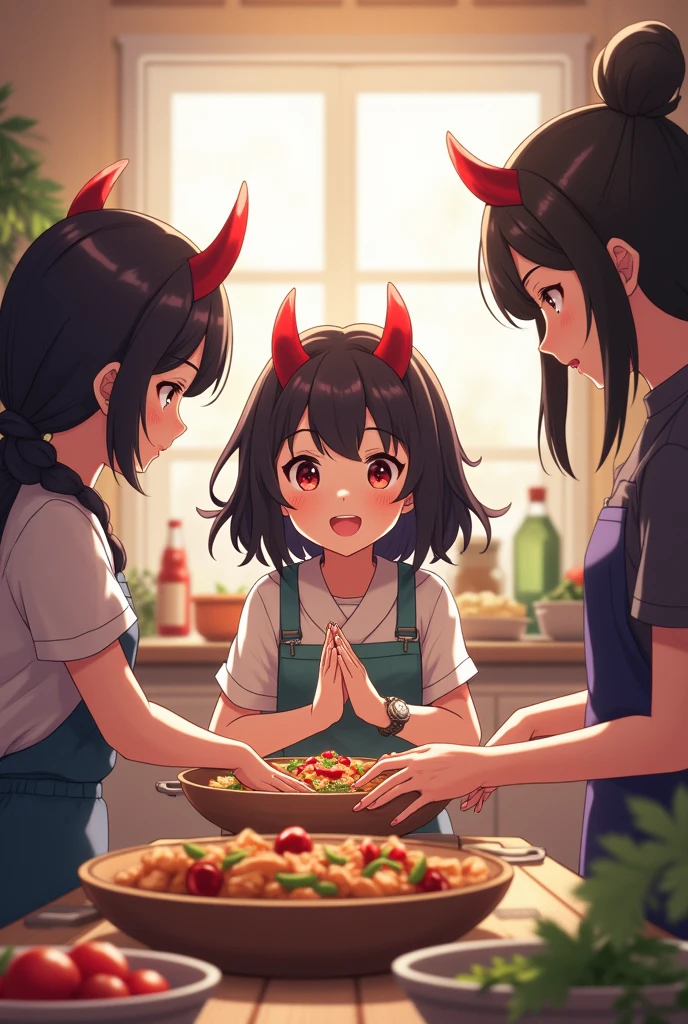 Nezuko and demon slayers cooking without horns