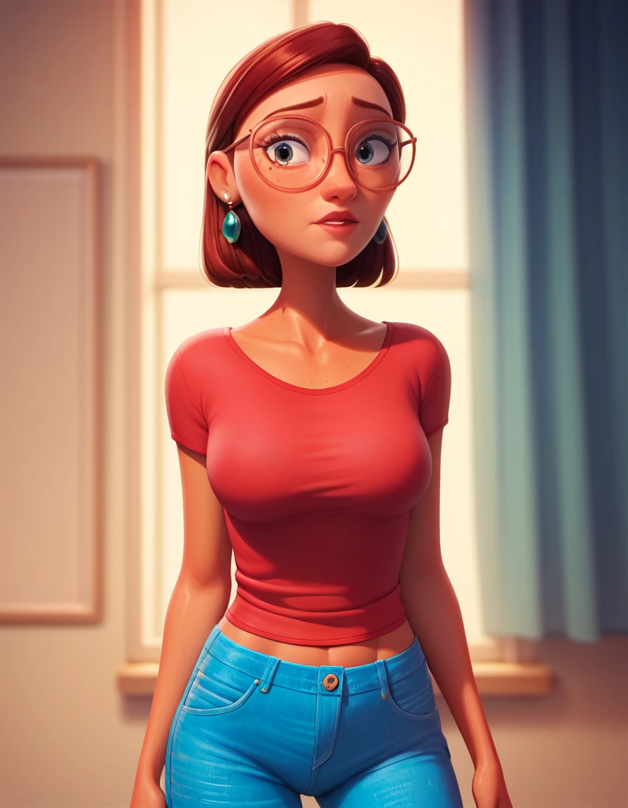 Rio Linda, glasses, red hair, whole body, ssmile, 1 girl, shirt blue, breasts marking blouse, looking at the spectator, short jeans, coxas nuas, standing, pose, 正面, best qualityer