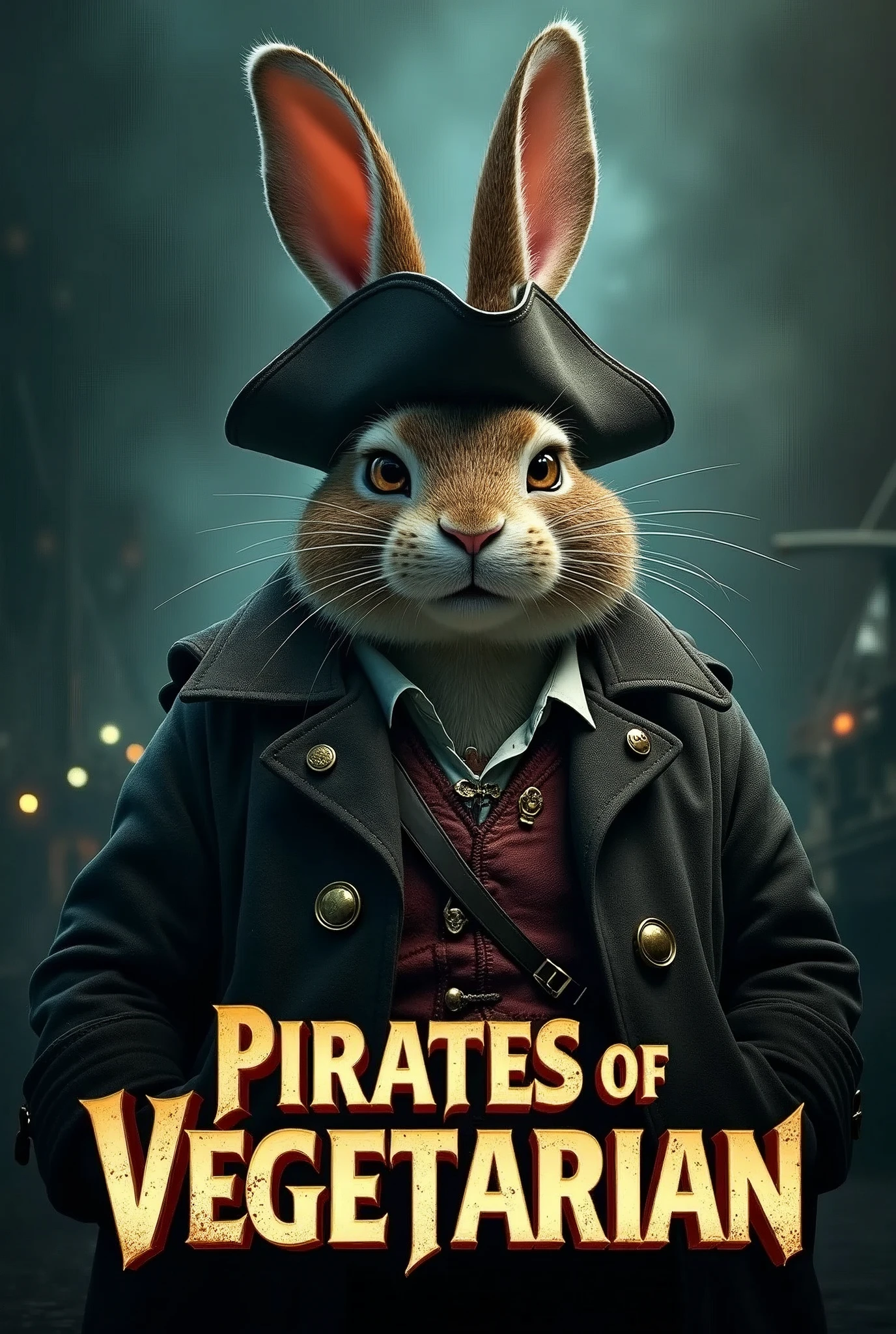 Create a cinematic poster featuring photorealistic portrait of Dressed animals - a ((fat)) rabbit pirate, , wearing  pirate costume and  pirate hat , with a serious, intense expression, He should be slightly off-center in the composition, The background should be dark and gritty, pirate's ship with smoky or grunge textures, Use a color scheme of black, deep blues, and dark greens, with subtle silver or gold accents to capture the show's mood, At the bottom of the poster, place the text "PIRATES OF VEGETARIAN" in large, bold, distressed letters, in a sans-serif font. The text should have a cinematic style, with slight shadow or glow effects to make it stand out against the background.