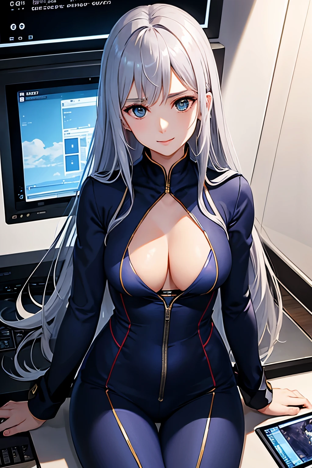 (((Highest quality、first class、masterpiece、Normal body、8k、Detailed face、Ultra-precision、normal hand、Normal refer to、5refer to、Highest)))、Eternal Frail、Silver Hair、Long Hair、slender、Small breasts、Lady、A gentle smile、clear、pure、A blue suit that reveals a cleavage、Navy blue shorts、"SDGundamGジェネレーション"、Gundam、Mobile Suit Cockpit、Sit in the cockpit、Grip the control stick、Surround monitor、Looking at the monitor、universeを翔る、universe