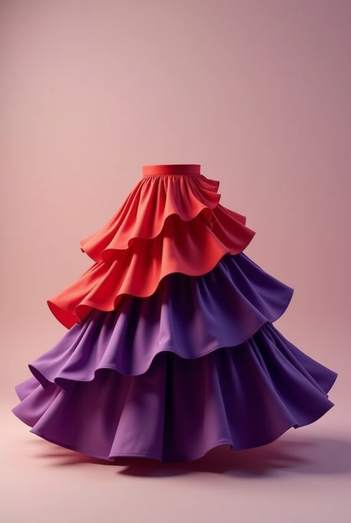 Create an image of a plain, unprinted satin circle skirt in red and purple with seven layers.