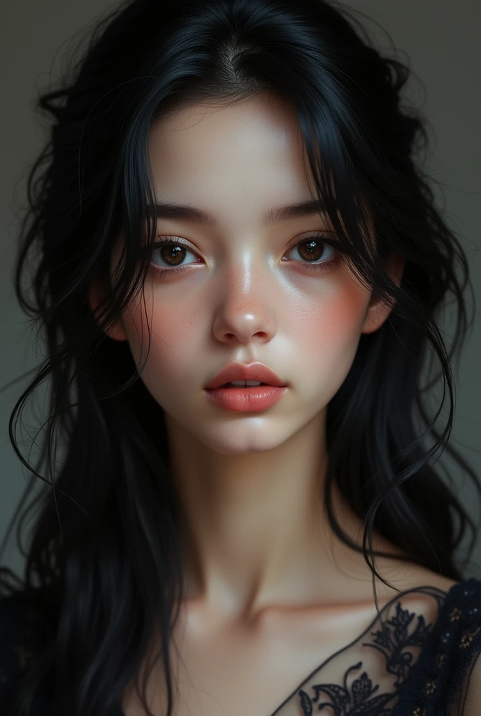 black hair girl, long and very bright. Skin as white as paper, black eyes. A very beautiful woman. french