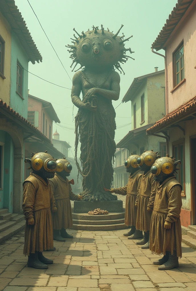 a group of creature with gear head worshipping a weird statue, old town, pastel colors, surreal atmosphere, dreamcore, raw photo, film grain, 35mm, shot using 1960s camera