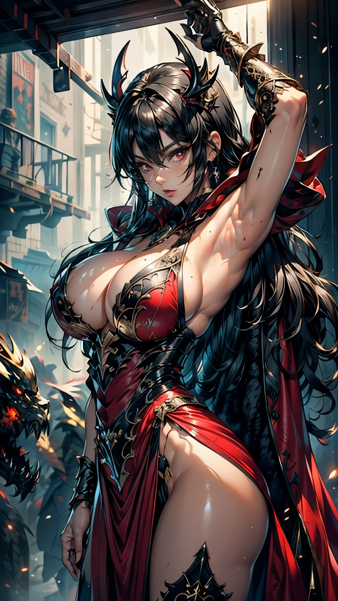master piece, bokeh, best quality, photorealistic, ultra high resolution, 1 mature female, ultra detailed, (closeup portrait:1.2), ultra hd, antialiasing,
(black fur red cloak:1.2), (long red dress), (black dragon bone full body armor), intricate silver embroidery,
beautiful red eyes, (ultra detailed sexy armpit:1.4), glossy skin, super huge ample breasts, long black hair, tanned skin,
ruined temple, strong back lighting, volumetric lighting, soft lighting, overhead lighting, dreamy