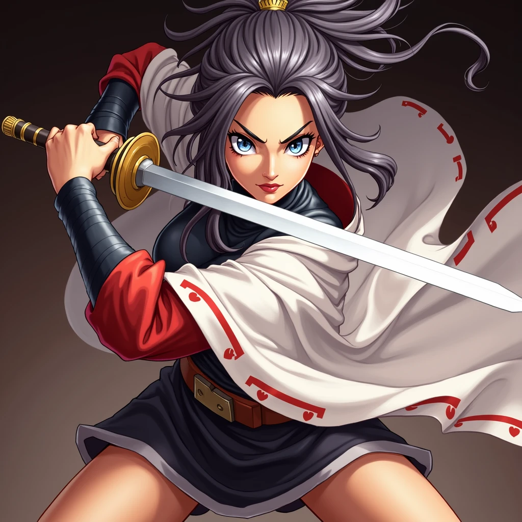 woman, Fighting posture, dark skin, Wearing a white robe, Berserk art style, Kentaro Miura's art style, good anatomy, Perfect eye positioning, Sharp features, Express confidence