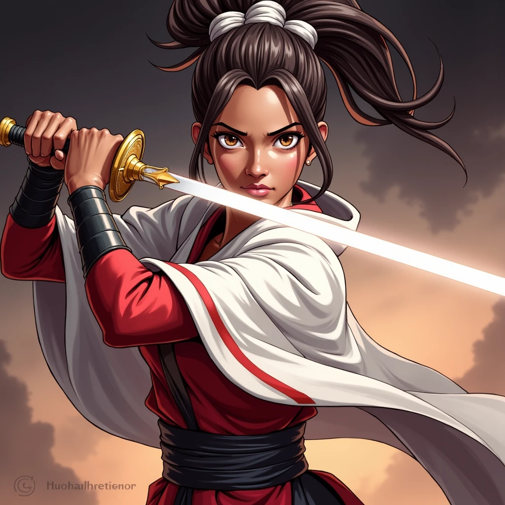 woman, Fighting posture, dark skin, Wearing a white robe, Berserk art style, Kentaro Miura's art style, good anatomy, Perfect eye positioning, Sharp features, Express confidence