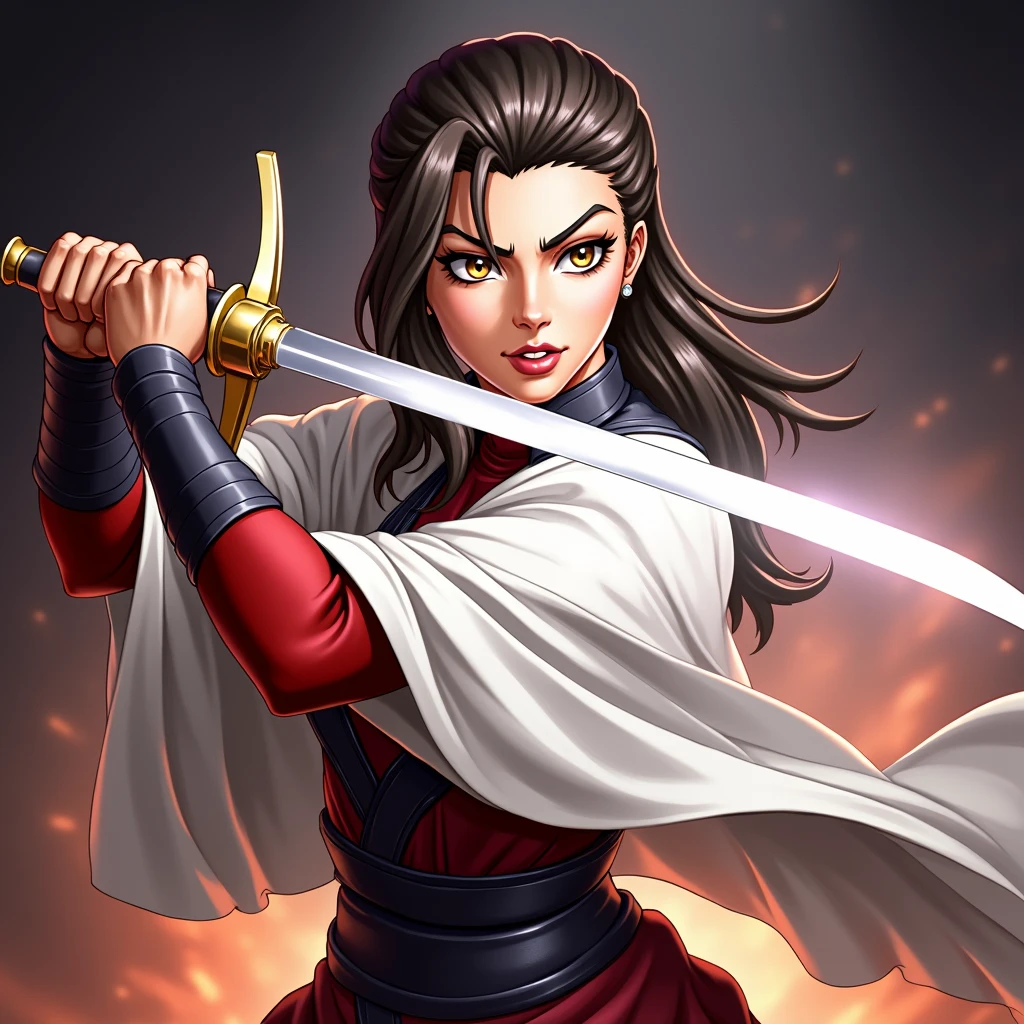woman, Fighting posture, dark skin, Wearing a white robe, Berserk art style, Kentaro Miura&#39;s art style, good anatomy, Perfect eye positioning, Sharp features, Express confidence