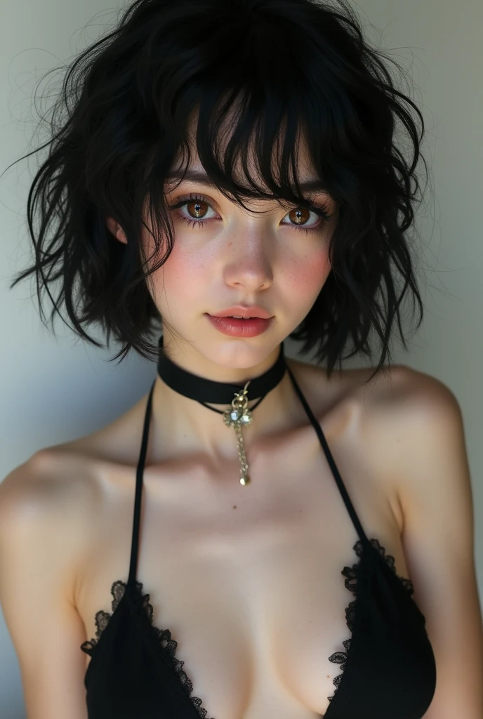 masterpiece,(best quality,top quality,8k),realistic,photorealistic,detailed eyes and face,young,18y,(1girl), brown eyes, black hair, messy hair, short hair, hair between eyes, goth, gothic, choker, (thick lips:1.2),soft smile, (black bikini), pretty girl, beauty skin, ultra high res, raw photo , detailed body ,(puffy eyes) ,good contrast , high sharpness,(gorgeous),realistic,RAW Photography,(hyperdetailed:1.2)