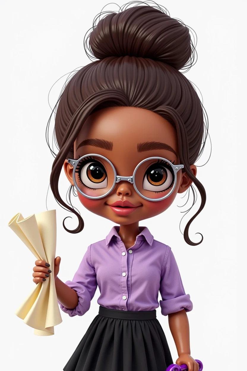 creates a beautiful cute doll with medium dark brown hair tied up,lilac blouse, Black Skirt, one hand with paper and the other with purple scissors,brown dark eyes, fair brown-skinned, with round silver glasses, em formato de desenho