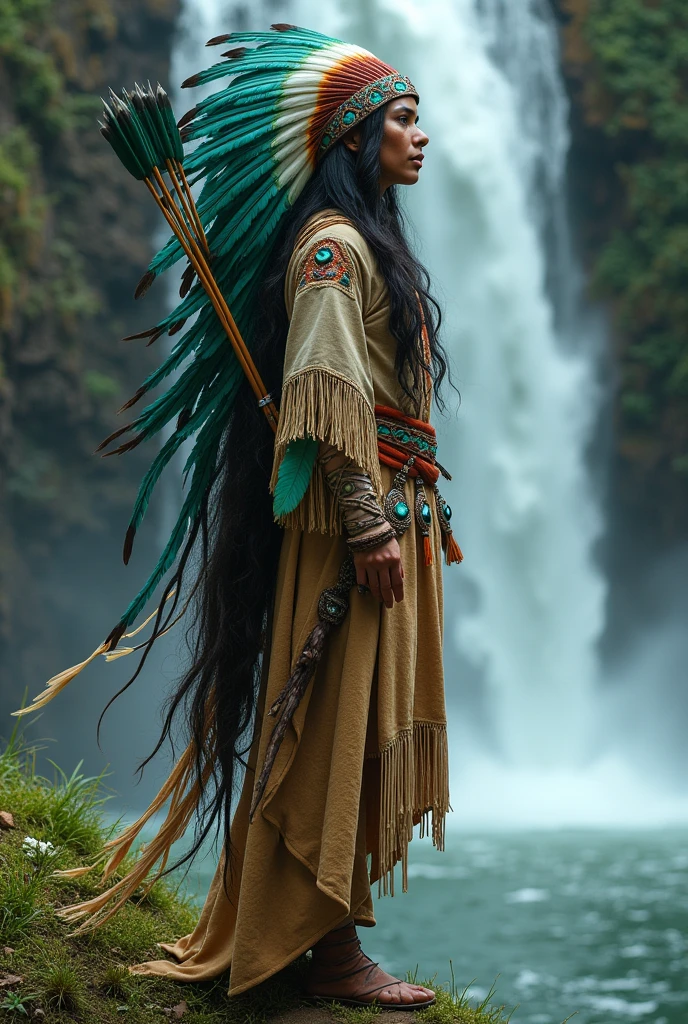 American Indian woman, Trajan wears indigenous clothing, wearing a large headdress with lush green and blue feathers, long hair, gentle features, on the edge of a waterfall, with a bow and arrow on his back