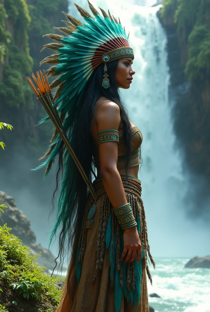 American Indian woman, Trajan wears indigenous clothing, wearing a large headdress with lush green and blue feathers, long hair, gentle features, on the edge of a waterfall, with a bow and arrow on his back