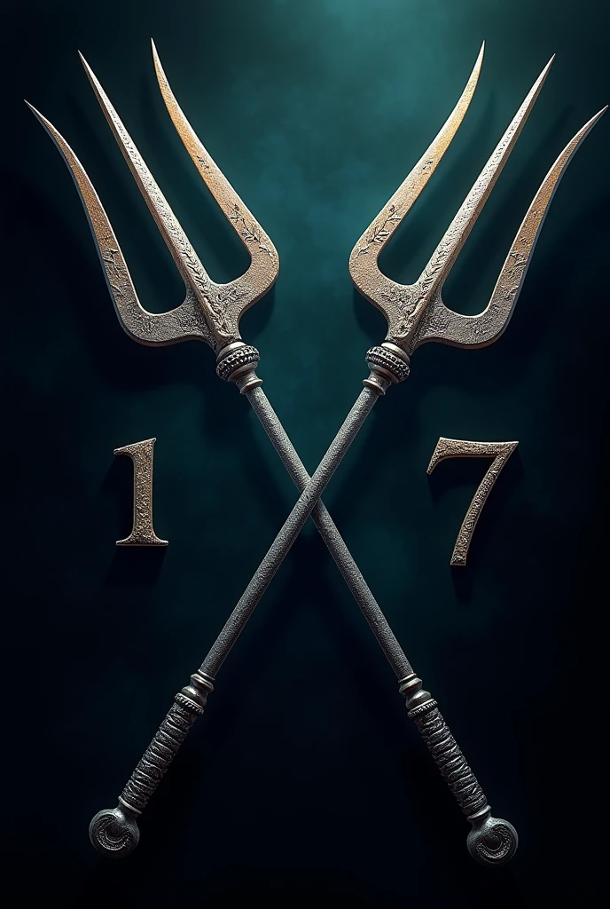 Black background
Two crossed tridents in the middle of the image
No black color
On the right side a number seven
On the left side written Tiriri