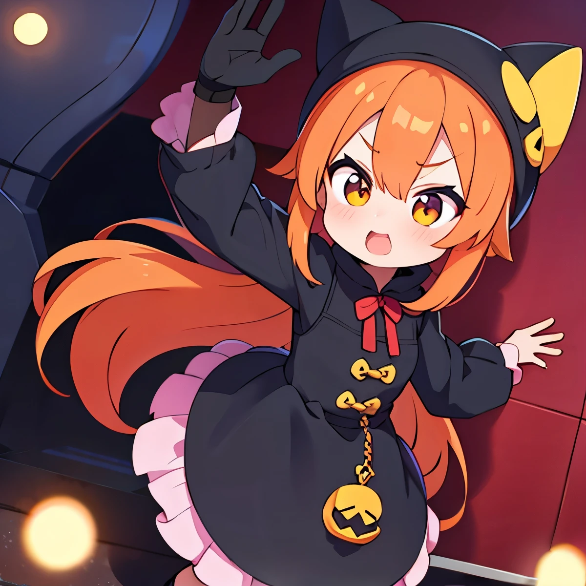 girl, orange hair, gothic dress with skull, holds bombs, tnt, crazy expression, crazy gesture, robbing a bank, full length shot.