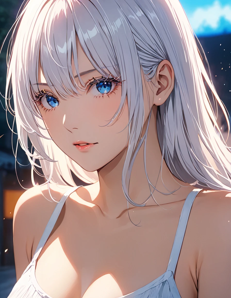 score_9, score_8_up, score_8, best quality,masterpiece,4k,very aesthetic,uncensored,rating_explicit,rating_questionable, anime_source, gojou satoru, genderswap \(mtf\), long hair, white hair, blue eyes, white eyelashes, depth of field, stunning color, (white eyelashes:1.5), female focus, BREAK, 1girl, mature, looking at the viewer, (eyewear on head, round eyewear), smile, smirking, grinning, cropped t-shirt, black joggers, BREAK, Animated by Mappa studio, perfect composition, BREAK, cinematic lighting and shadow, dynamic pose, expressive, perfect face, perfect body,(masterpiece), (best quality), (ultra-detailed), very aesthetic, very detailed, high detailed texture, 8k,