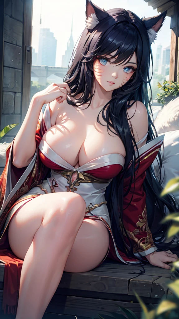 (best quality,ultra-detailed,realistic:1.37),Ahri,spa,luxurious,relaxing atmosphere,beautiful detailed eyes,beautiful detailed lips,smiling,bathrobe,sitting upright,black hair,nine white tails,peaceful background,portraits,vivid colors,soft lighting,tranquil ambiance, bare breasts