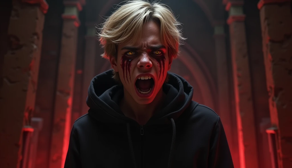 Character based on the world of Star Wars, a 15 years teenager male sith apprentice, dark blonder short haired, yellow eyes, dark simple cloats, inside a dark sith temple, high realism, perfect anatomy, perfect eyes, blood crying, broken sith mask, fontal, screaming