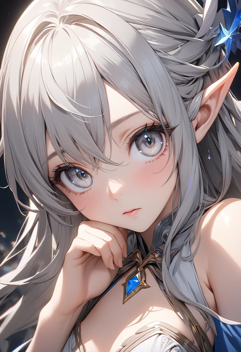 Longhair, (Gray eyes:1.5), Silver hair, Elf、Wizard(small breast:1.2), BREAK looking at viewer, BREAK outside, BREAK (masterpiece:1.2), best quality, high resolution, unity 8k wallpaper, (illustration:0.8), (beautiful detailed eyes:1.6), extremely detailed face, perfect lighting, extremely detailed CG, (perfect hands, perfect anatomy),