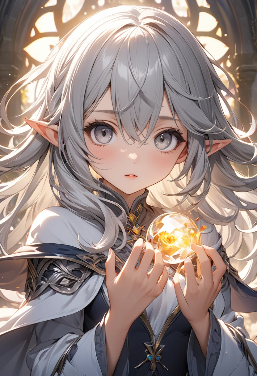 Longhair, (Gray eyes:1.5), Silver hair, Elf、Wizard(small breast:1.2), BREAK looking at viewer, BREAK outside, BREAK (masterpiece:1.2), best quality, high resolution, unity 8k wallpaper, (illustration:0.8), (beautiful detailed eyes:1.6), extremely detailed face, perfect lighting, extremely detailed CG, (perfect hands, perfect anatomy),