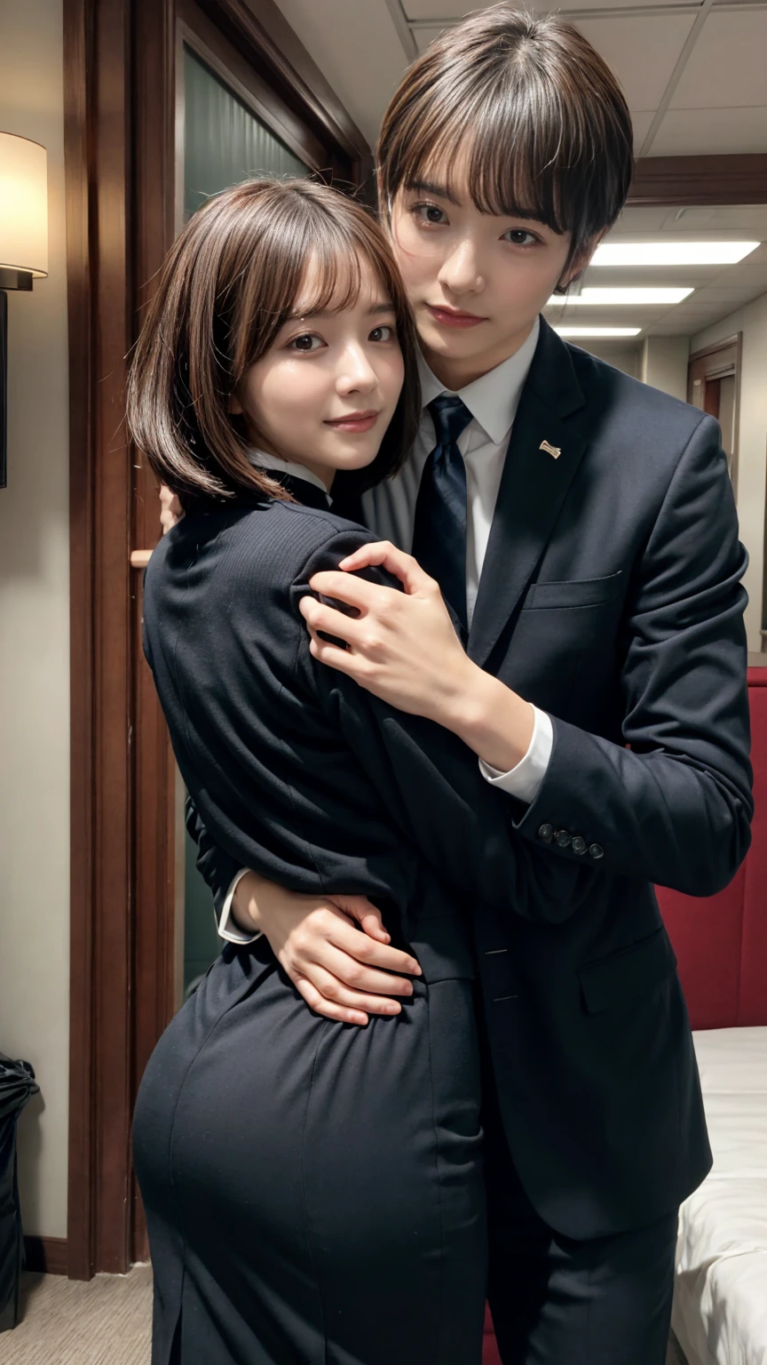 1 young office lady being hugged from back by 1 man:1.2,close to each other:1.1), (man's hand touching her breast:1.1),very cute face,bob cut,Suit,Collared shirt, Black Suit,Black jacket,,embarrassed,hotel room,perfect anatomy, masterpiece, best quality,8k,perfect face,from front,upper body