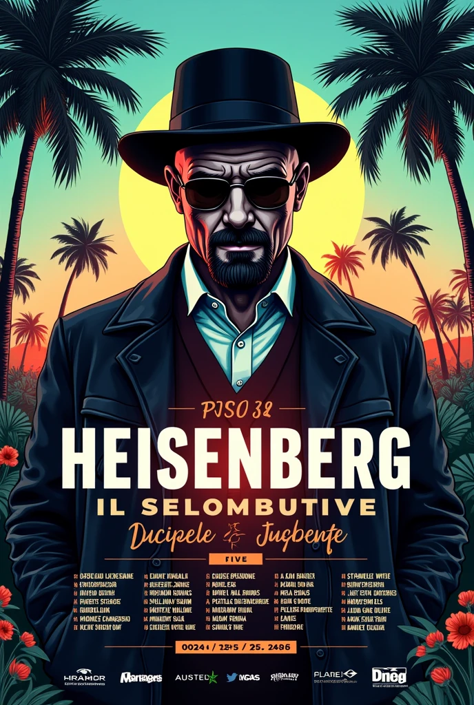 Crea un flyer para un festival de música inspirado en Breaking Bad, Create a music festival flyer inspired by Breaking Bad, which includes Heisenberg, in a tropical style and features the names of 5 DJs