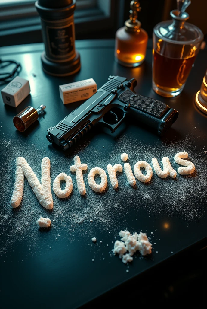 Make a long image that says Notorious written with cocaine and put a gun on the sides , dope , tussi and a cigarette, all on a glass table , Let it be like a photo taken from above, realistic to the point that it looks like a photo , that the image is 970x250 , sideways , big 




