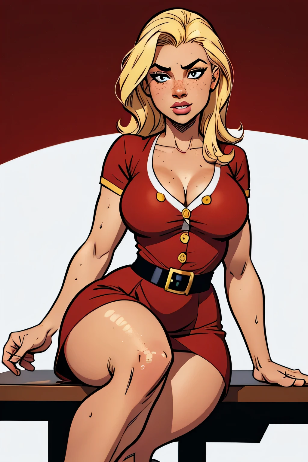 Thin woman, 4K (High definition), Considered, teacher in red dress (of buttons) with V-neck and short sleeves, black belt, pele caucasiana, shoulder length blonde hair, sitting down, eyes browns, curvy with freckles and little beads of sweat running down her forehead and chest. marvel style, white background.