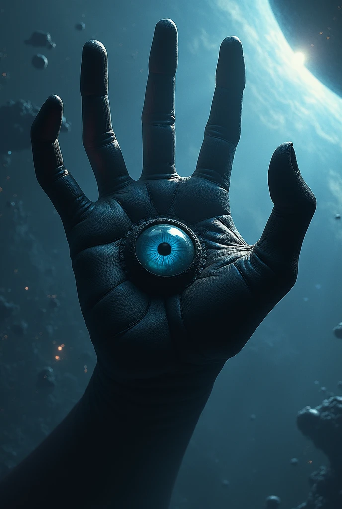 Terrifying space monster in the form of a floating hand (without a doll or arm) . It's gigantic and floats through space with nothing to hold it up.. It is black. It has a large eyelidless eye in the palm of its hand., blue in color and with a piercing gaze. The fingers are long and twisted, looking up.