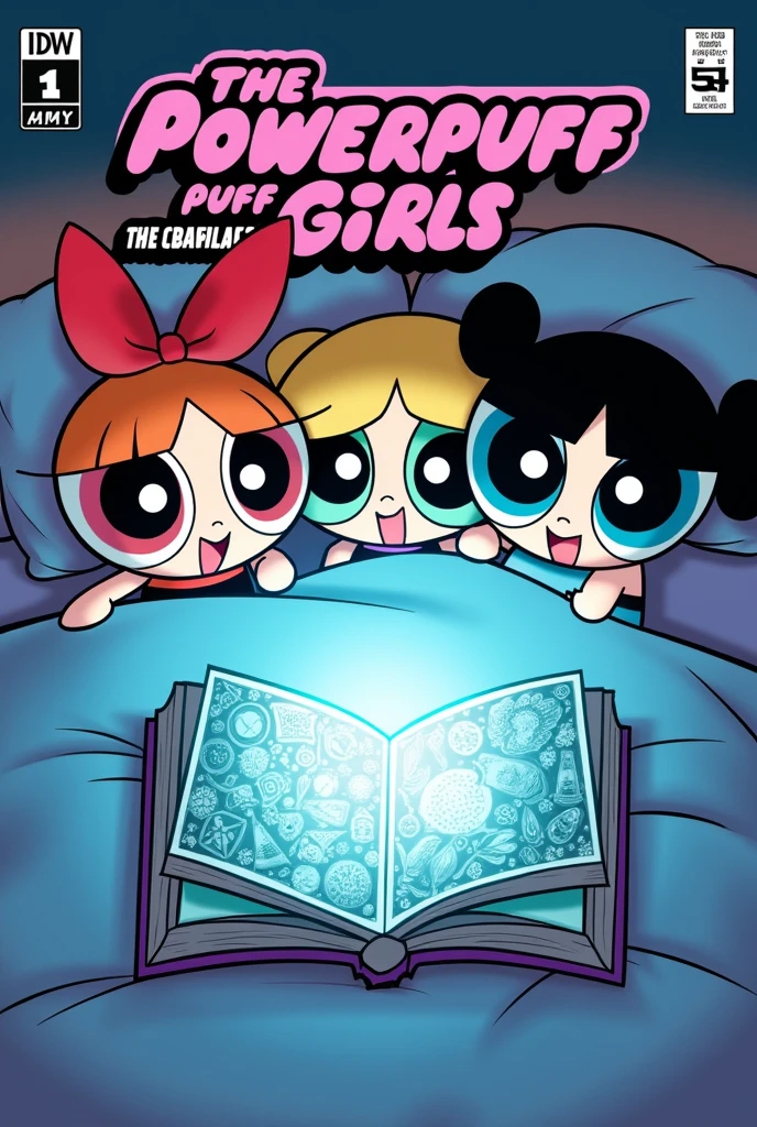 Create a comic style cover for powerpuff girls with the title "The Powerpuff Girls and the Origins of Life: A Bedtime Adventure" blossom, bubbles, and buttercup laying in bed with a glowing book saying life and its beginnings with biology designs WRITING AND PRODUCTION JAIRA R. CRISOSTOMO
Comics style