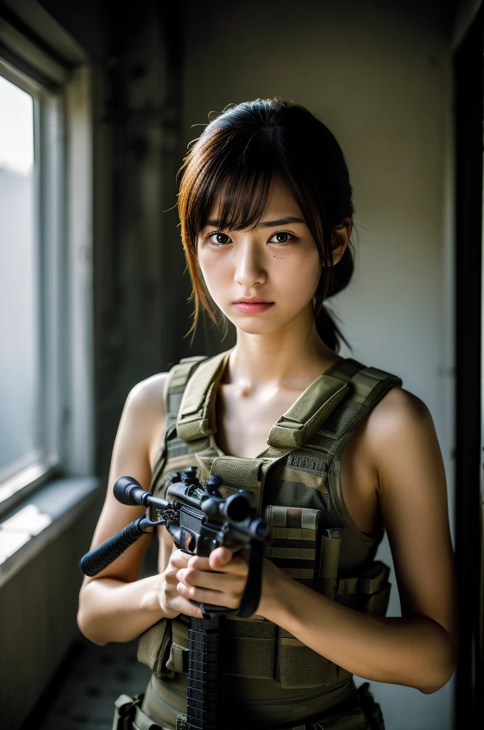 (masterpiece, ultra-detailed, ultra-realistic, best quality, clear focus, photorealistic), (ultra-high resolution, 8k:1.3), cinematic color-grading film, dramatic scenes, shadow, global-illumination, perfect anatomy, perfect face, (detailed face, detailed eye:1.3), (20 years old Japanese beautiful anime style girl:1.2), (experienced soldier:1.2), professional light, (very beautiful but boyish cool Japanese face:1.3), (Fully equipped for battle:1.3), (holding m4a1 large assault rifle:1.4), (painful expressions after being injured by a gunshot:1.4), (afraid:1.4), (crying:1.4), (wearing a soldier's outfits with damages:1.2), slim waist, (sitting in the abandoned building at night:1.3), military helmet, very large breasts, tactical vest, military harness, face focus,