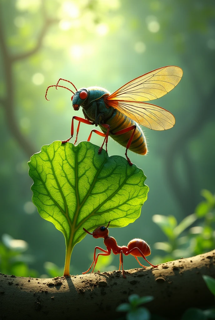 A cicada and an ant carrying a leaf together