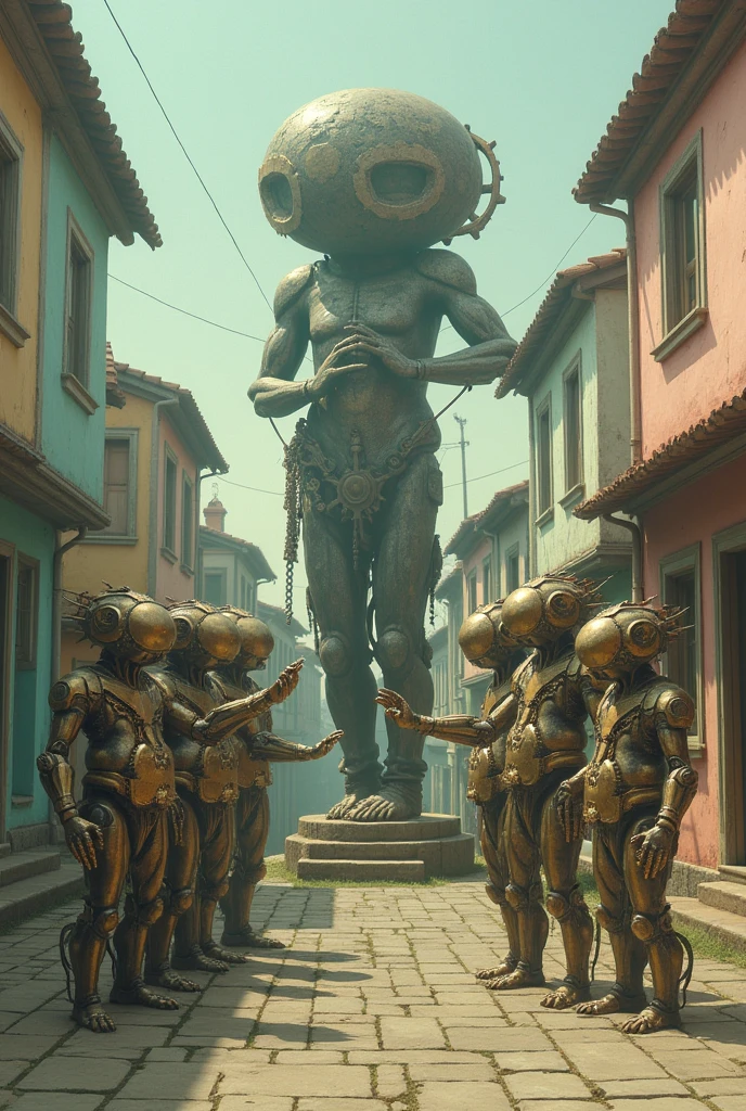 a group of creature with gear head worshipping a weird statue, old town, pastel colors, surreal atmosphere, dreamcore, raw photo, film grain, 35mm, shot using 1960s camera