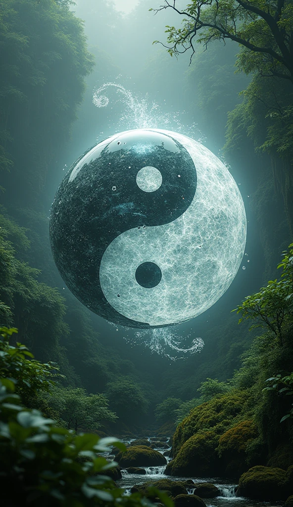 There is a title "TAIJITU" written in the center, classical, green, wild, rustic, forest, jungle, plants, animals, strong, realistic, 8k ultra HD, technology, nano tech, silver, white, crystal clear, 3D, mythology, Sci-Fi, cool, Storm, Winter, globe, yin yang, small birds, logo word "TAIJITU"