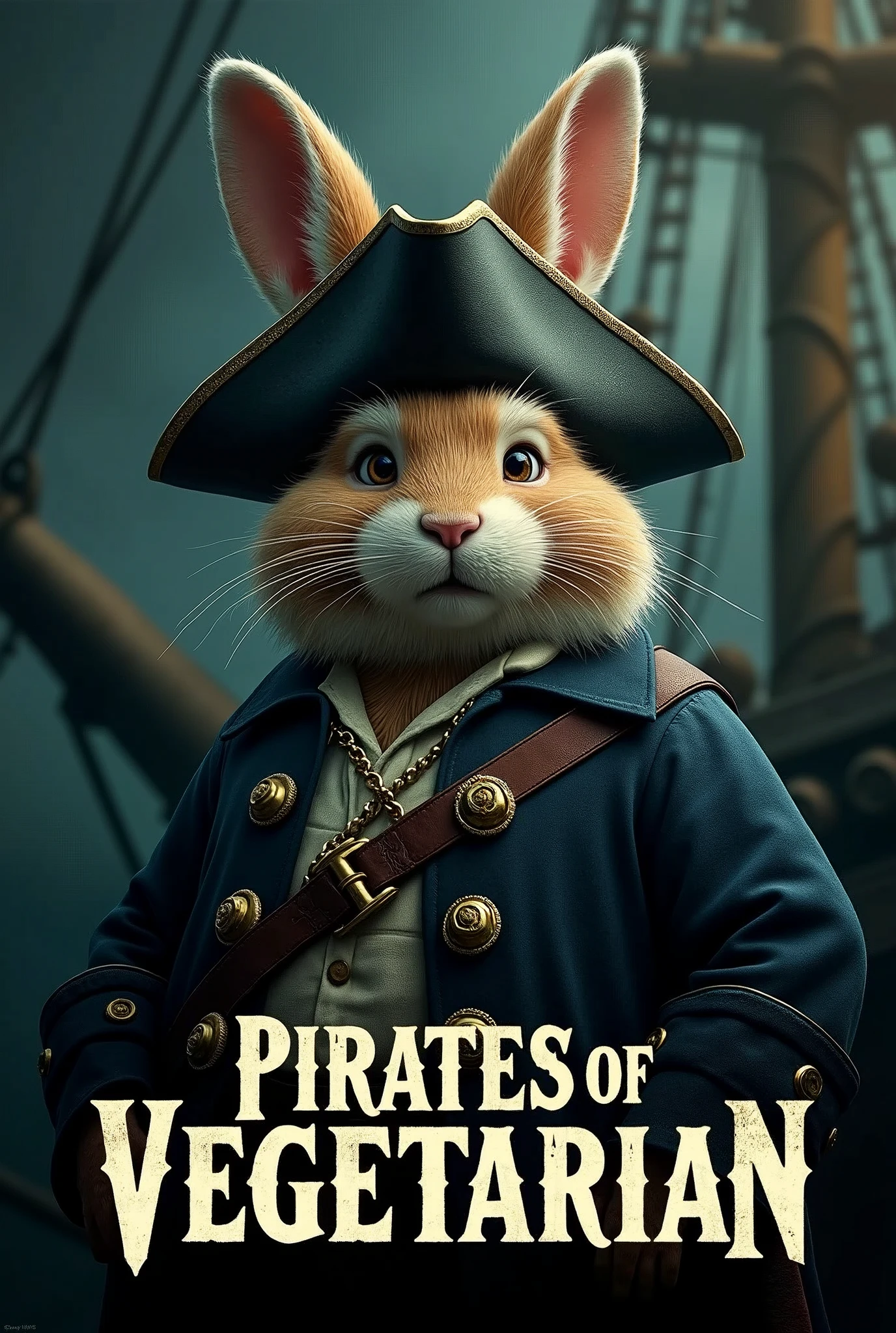 Create a cinematic poster featuring photorealistic portrait of Dressed animals - a ((fat)) angora rabbit pirate, , wearing pirate costume and pirate hat , with a serious, intense expression, He should be slightly off-center in the composition, The background should be dark and gritty, pirate's ship with smoky or grunge textures, Use a color scheme of black, deep blues, and dark greens, with subtle silver or gold accents to capture the show's mood, At the bottom of the poster, place the text "PIRATES OF VEGETARIAN" in large, bold, distressed letters, in a sans-serif font. The text should have a cinematic style, with slight shadow or glow effects to make it stand out against the background.
