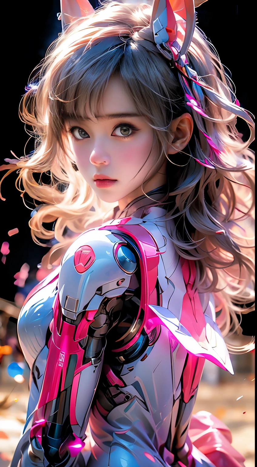 Pink Bunny Mecha Girl,Mirai,Cool lighting, wing