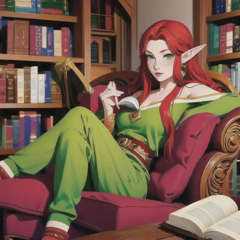 a beautiful elf princess with long red hair and freckles, sitting comfortably in an armchair in a cozy elf library, holding a big book, green eyes, hair between the eyes, wearing a floral outfit, flower earrings, full body sensual pose, watercolor medium, highly detailed, high resolution, photorealistic